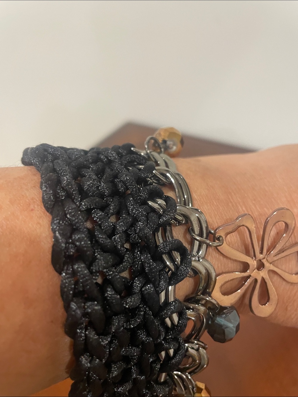 Black Multi-Strand Braided & Chain Bracelet with Flower Charm